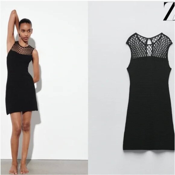 Elegant Pointelle Black mini  crochet Sleeveless Dress - Picture 4 of 13
